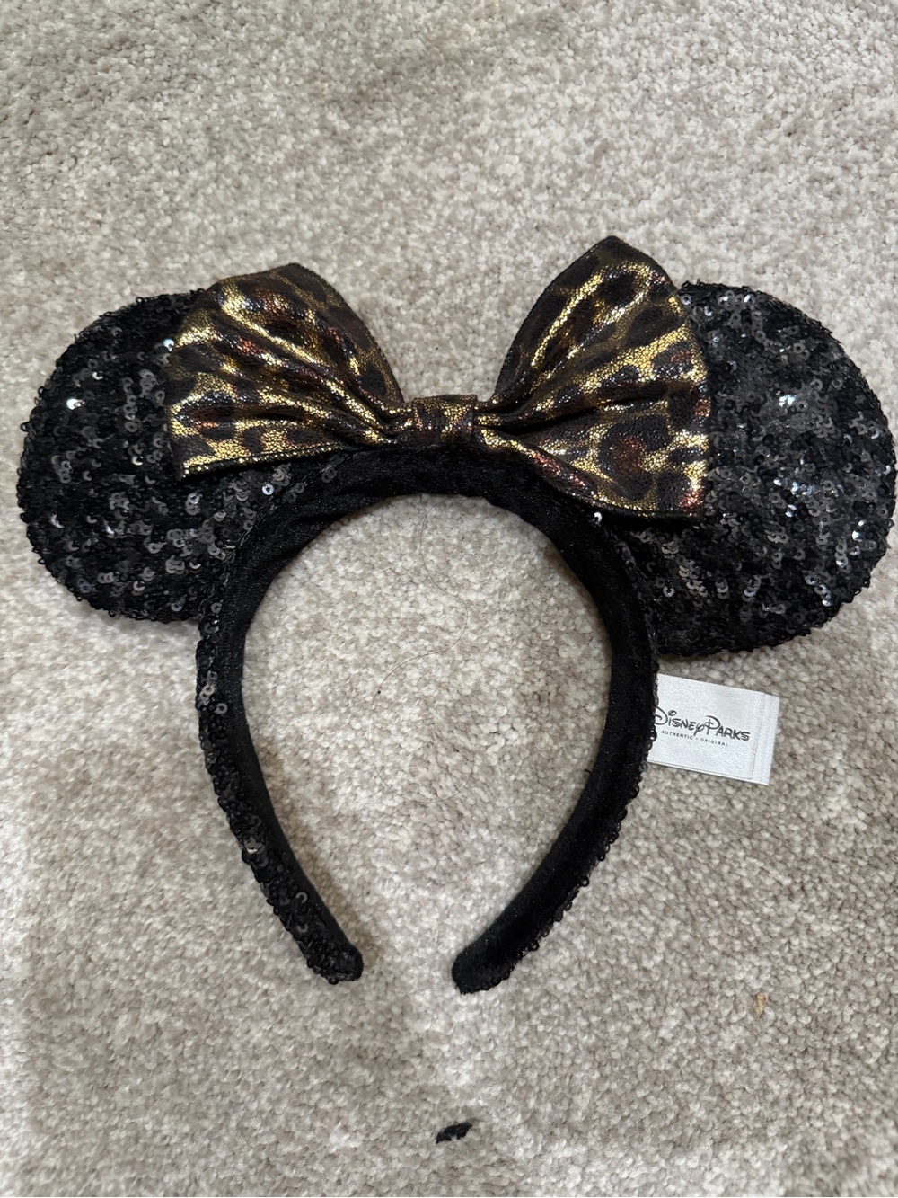 Disney Black Sequin Minnie Ears Headband with Gold Leopard Bow